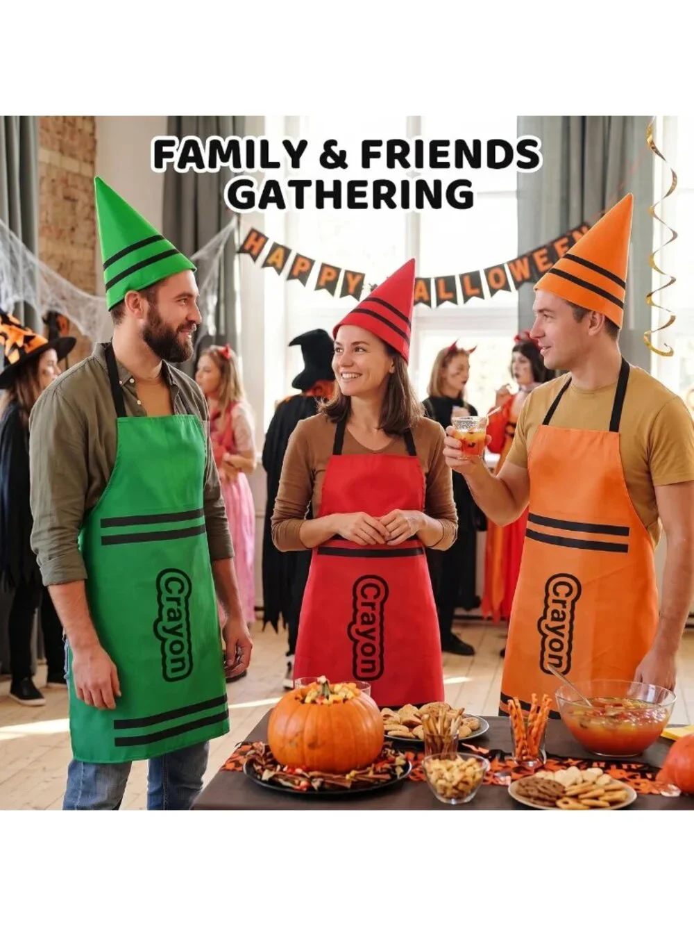 Colorful Adult Crayon Costume with Apron & Gnome Cone Hats - Fun Halloween Group